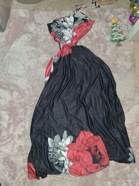 Black & Red Floral Halter Maxi Dress